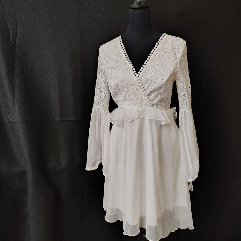 Elegant Wrap Sheer‎ Sleeve Hollow Back Cream White Dress Beach Wedding S Fairy